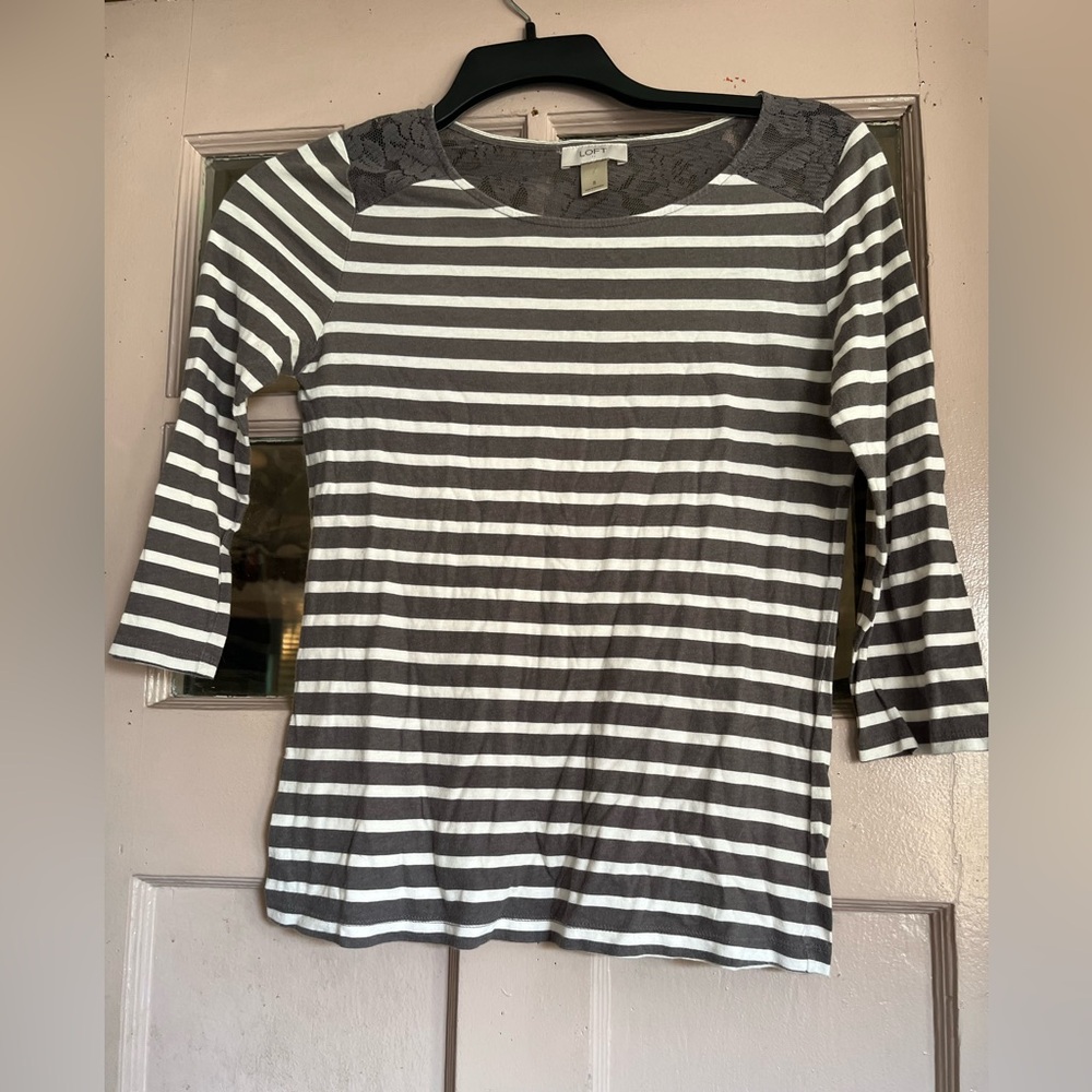 LOFT Gray and White Striped Top